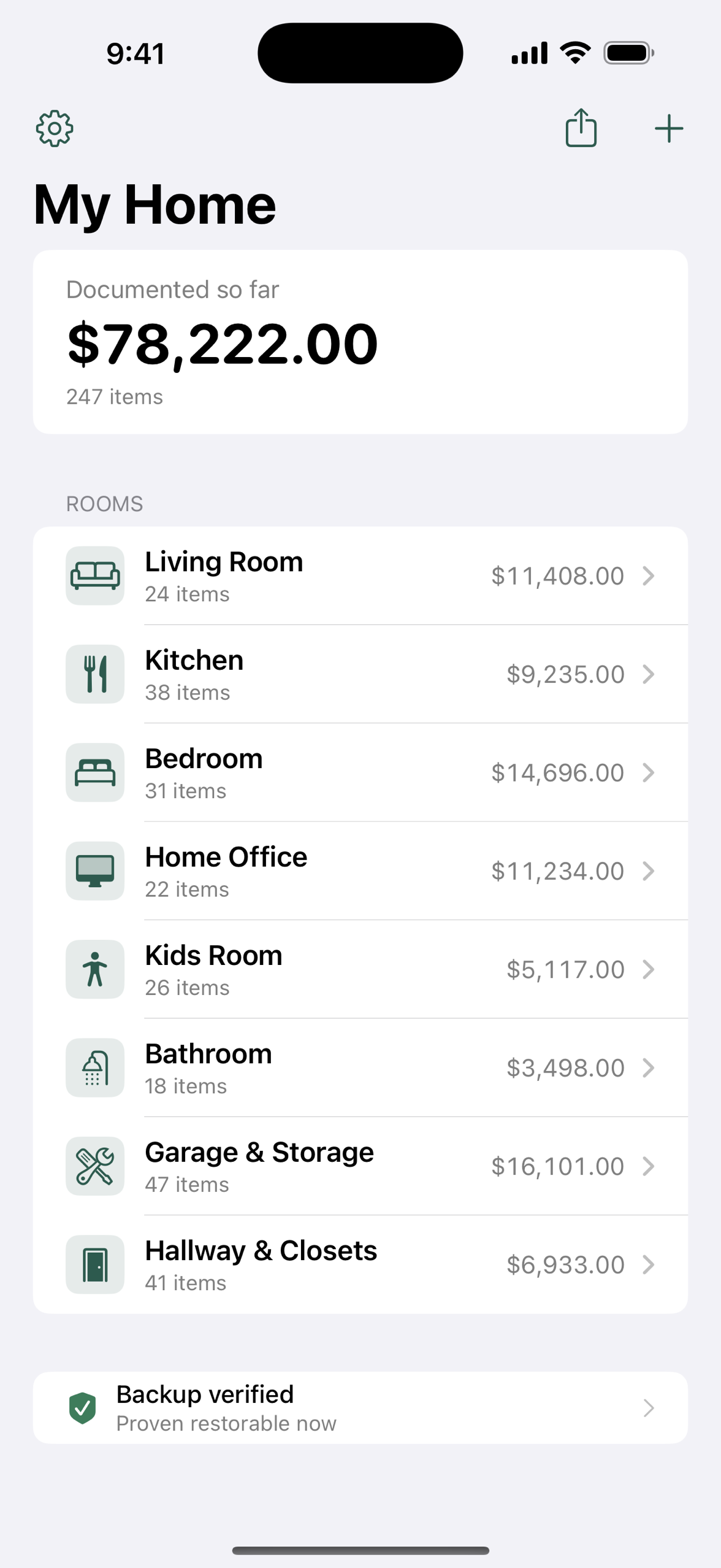 Kept on iPhone: rooms with a running total and the calm 'Backup verified' status